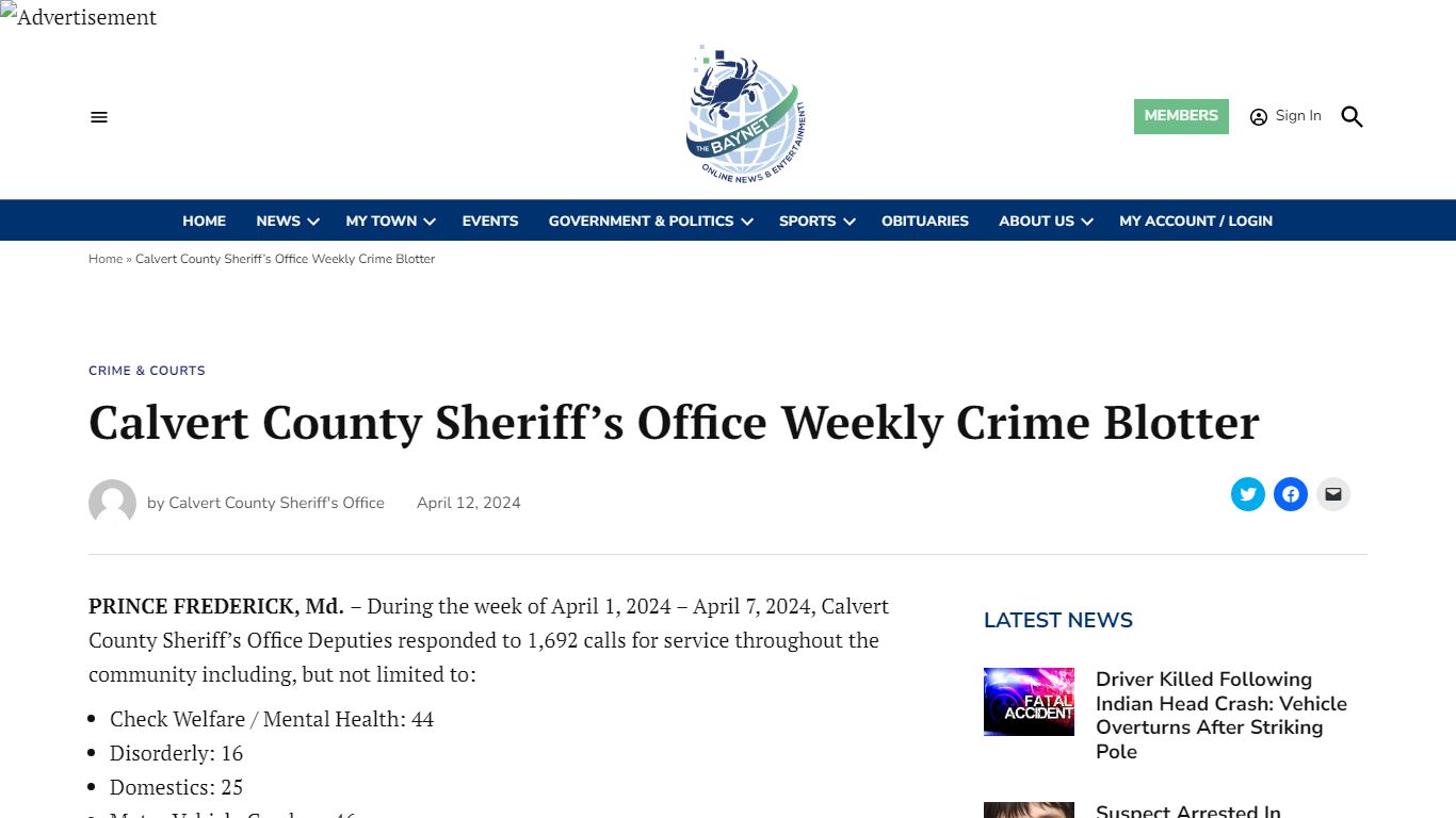 Calvert County Sheriff’s Office Weekly Crime Blotter