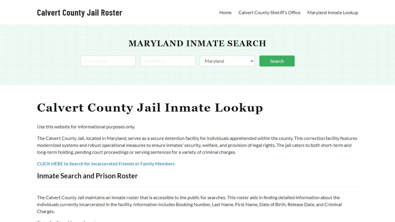 Calvert County Jail Roster Lookup, MD, Inmate Search