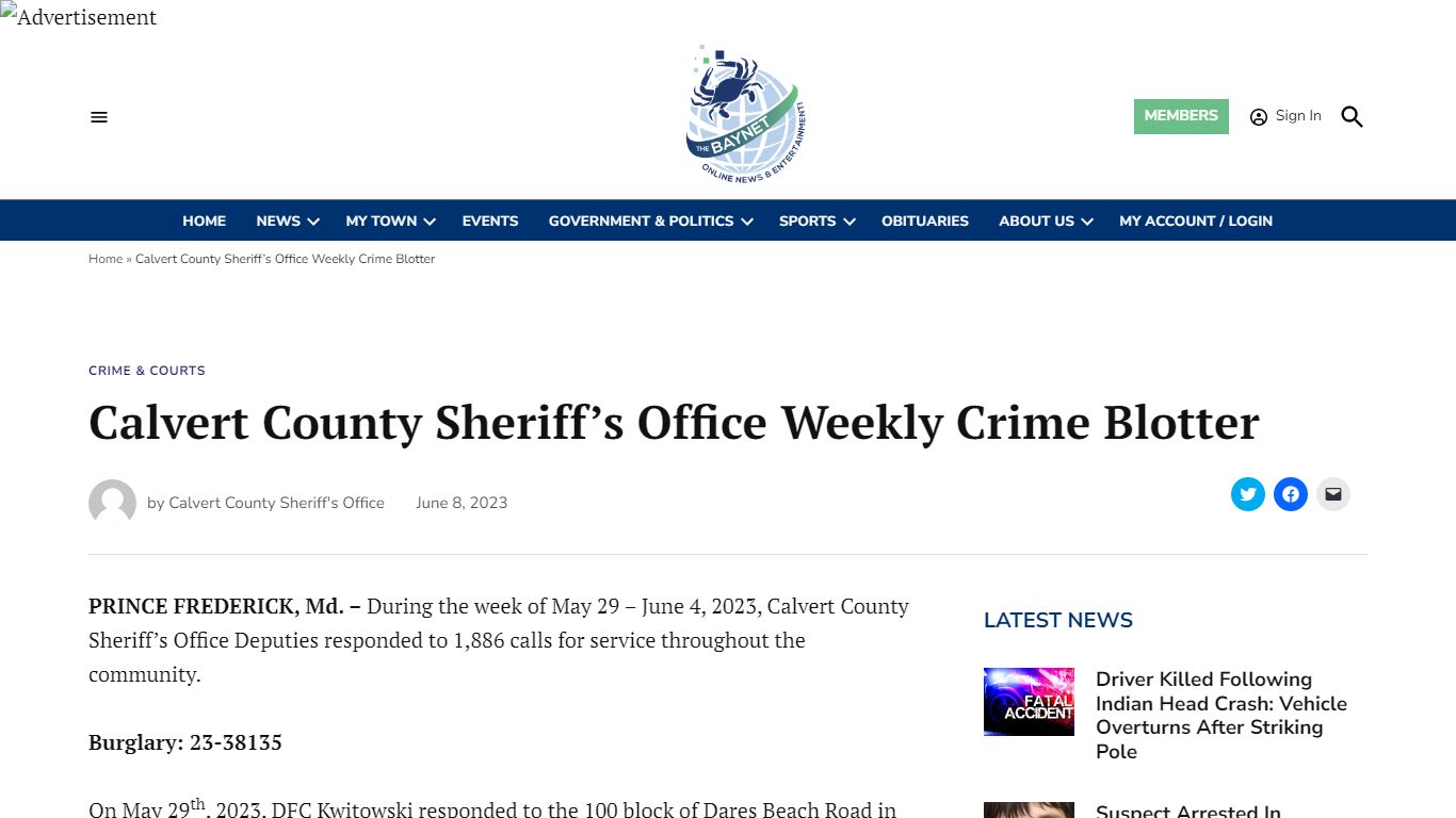 Calvert County Sheriff’s Office Weekly Crime Blotter